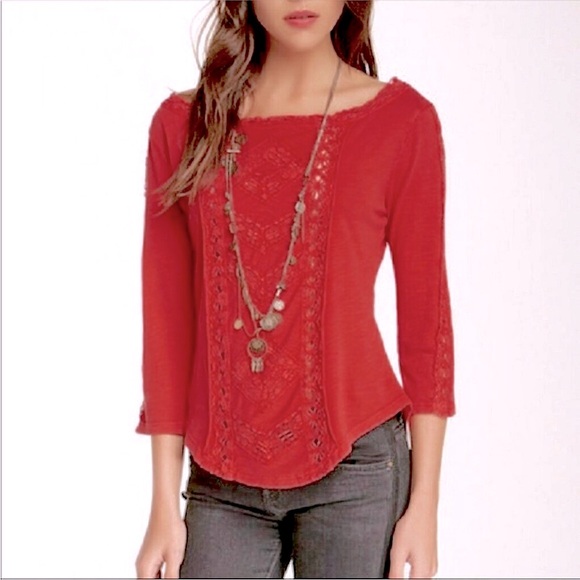 Free People “Truly Madly” Crochet 3/4 Sleeves Top - Picture 2 of 10